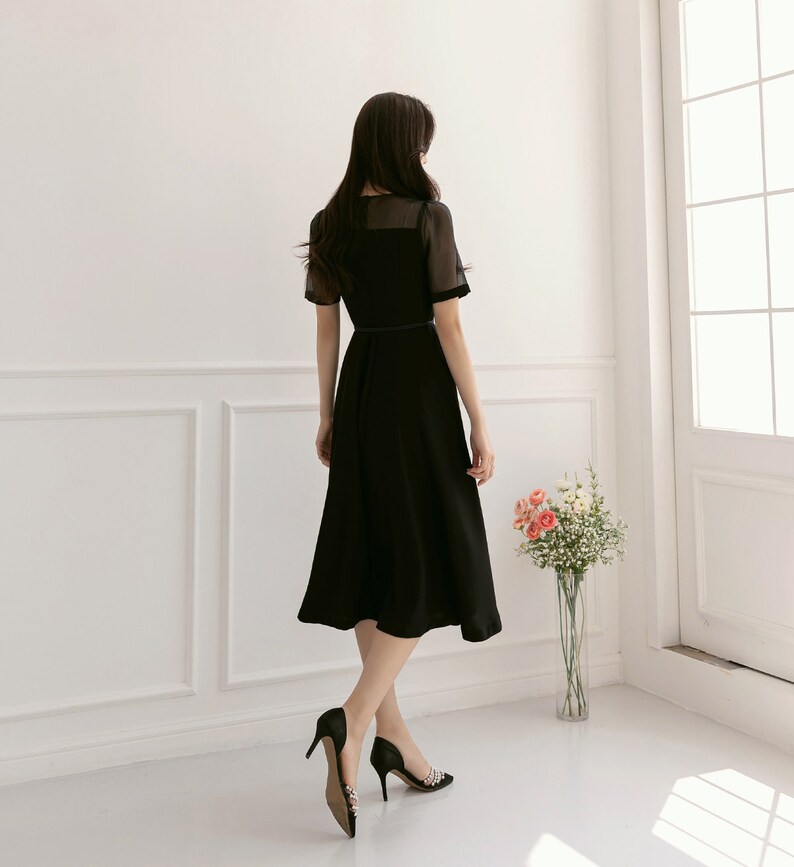 See-Through Sleeve Simple Feminine Black Dress / Korean Style Women Flare Dress / Elegant Black Dress / Summer Midi Dress image 5