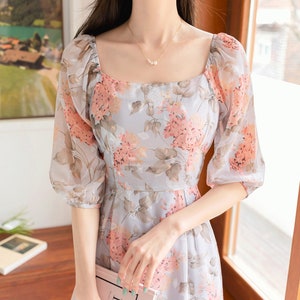 Floral Pattern Spring Summer Square Neck Midi Dress / Korean Style Women Long Dress / Half Sleeve Dress / Feminin Elegant Dress image 6