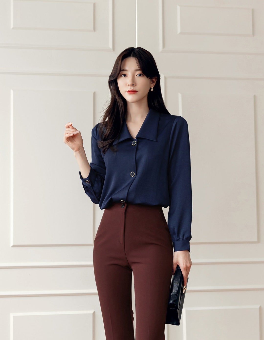 Long Sleeve Gloosy Blouse for Women / Korean Style Luxury Feminine ...