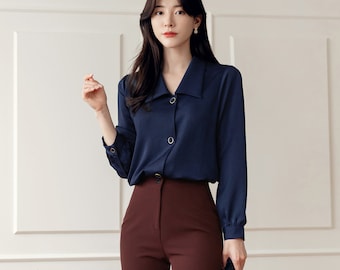 Long Sleeve Gloosy Blouse for Women / Korean Style Luxury Feminine Women Clothes / Stylish Office Look Top / Everyday Soft Blouse