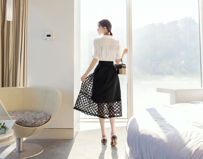 Elegant Feminine See-Through Flare Skirt / Korean Style Party Dress Skirt / Daily Dressy Midi Skirt image 8