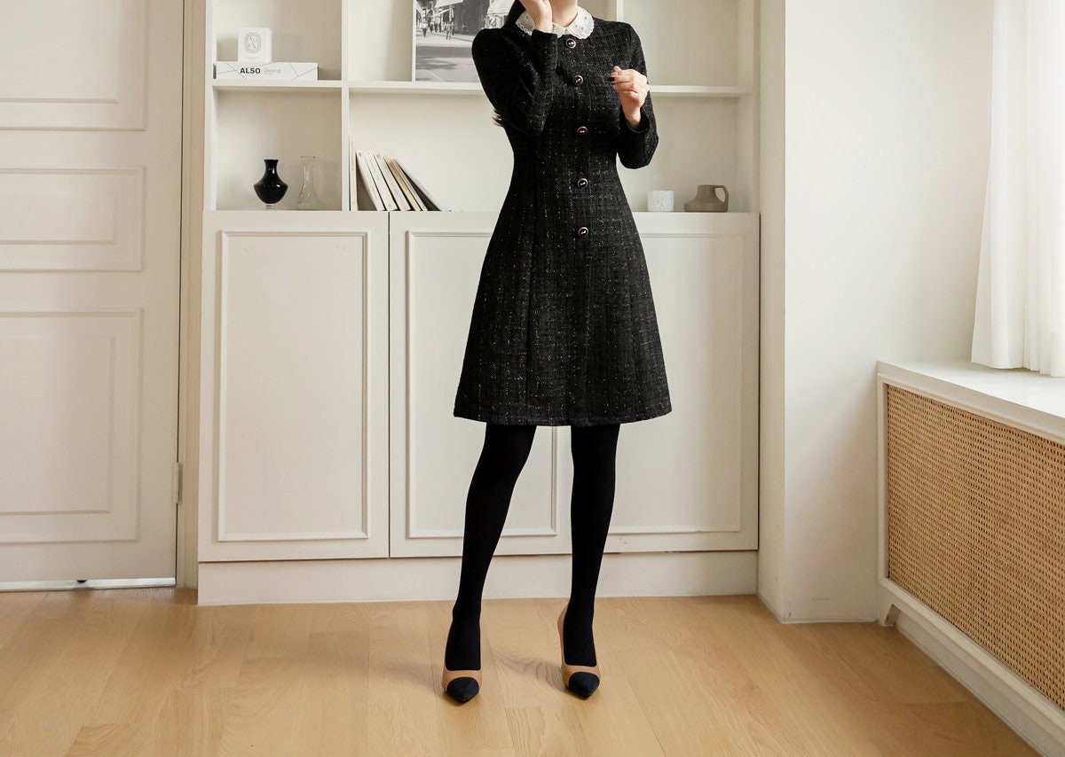 Elegant Black Tweed Dress / Korean Style Mini Dress / Luxury 
