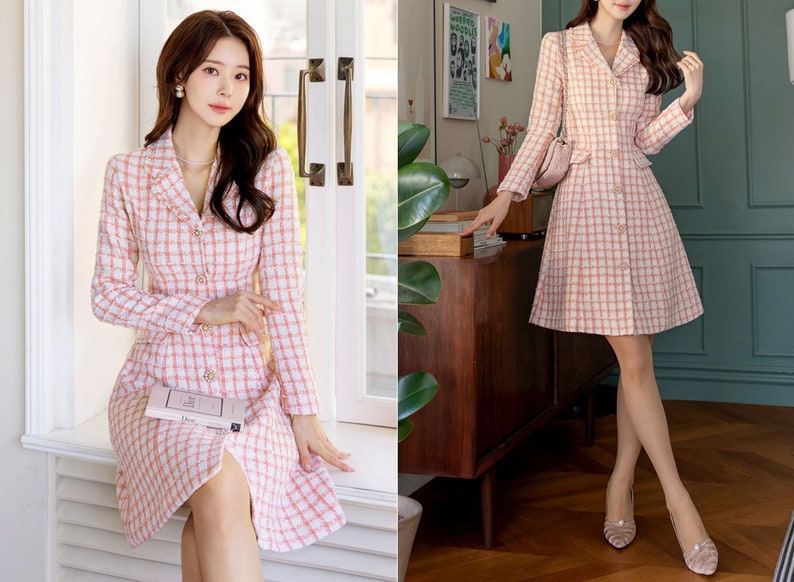Elegant Feminin Single Button Tweed Mini Dress / Korean Style Pink Mini Dress / Modern Chic Jacket Dress for Fall Winter image 3