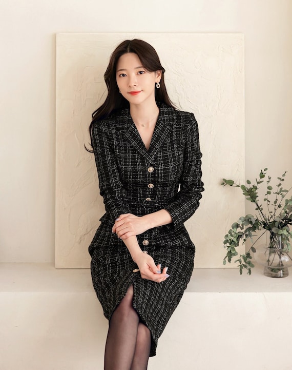 Elegant Tweed Dress With Belt / Korean Style Classic Midi Dress
