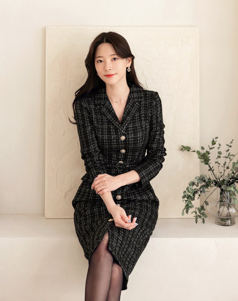 Elegant Tweed Dress with Belt / Korean Style Classic Midi Dress / Luxury wear Elegant Dress in Black image 1