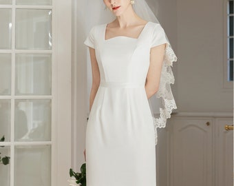 Elegant Ivory Color Wedding Dress / Korean Style Women Midi Dress / Bridal Dress / Simple Long Dress