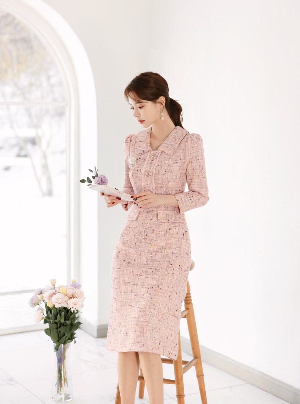 Tweed dress with gem buttons sales