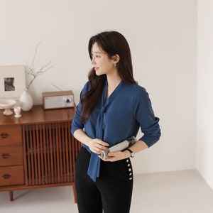 Modern Chic Long Sleeve Tie Neck Blouse / Korean Style Luxury Feminine Women Clothes / Stylish Office Look Top / Everyday Soft Blouse image 5