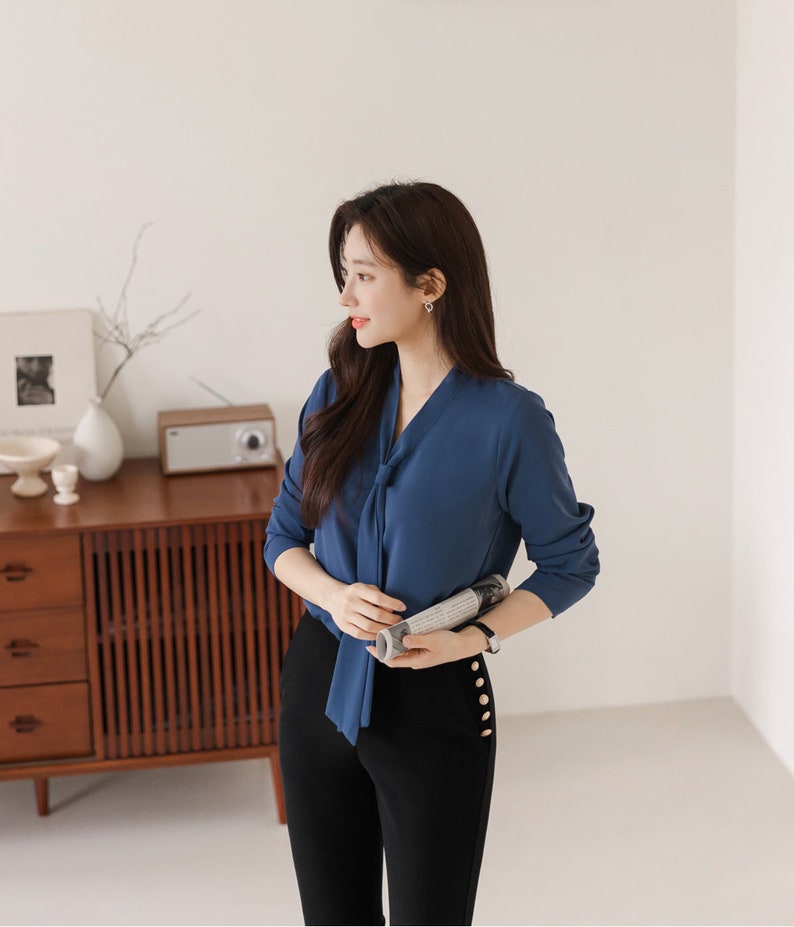 Modern Chic Long Sleeve Tie Neck Blouse / Korean Style Luxury Feminine Women Clothes / Stylish Office Look Top / Everyday Soft Blouse image 5