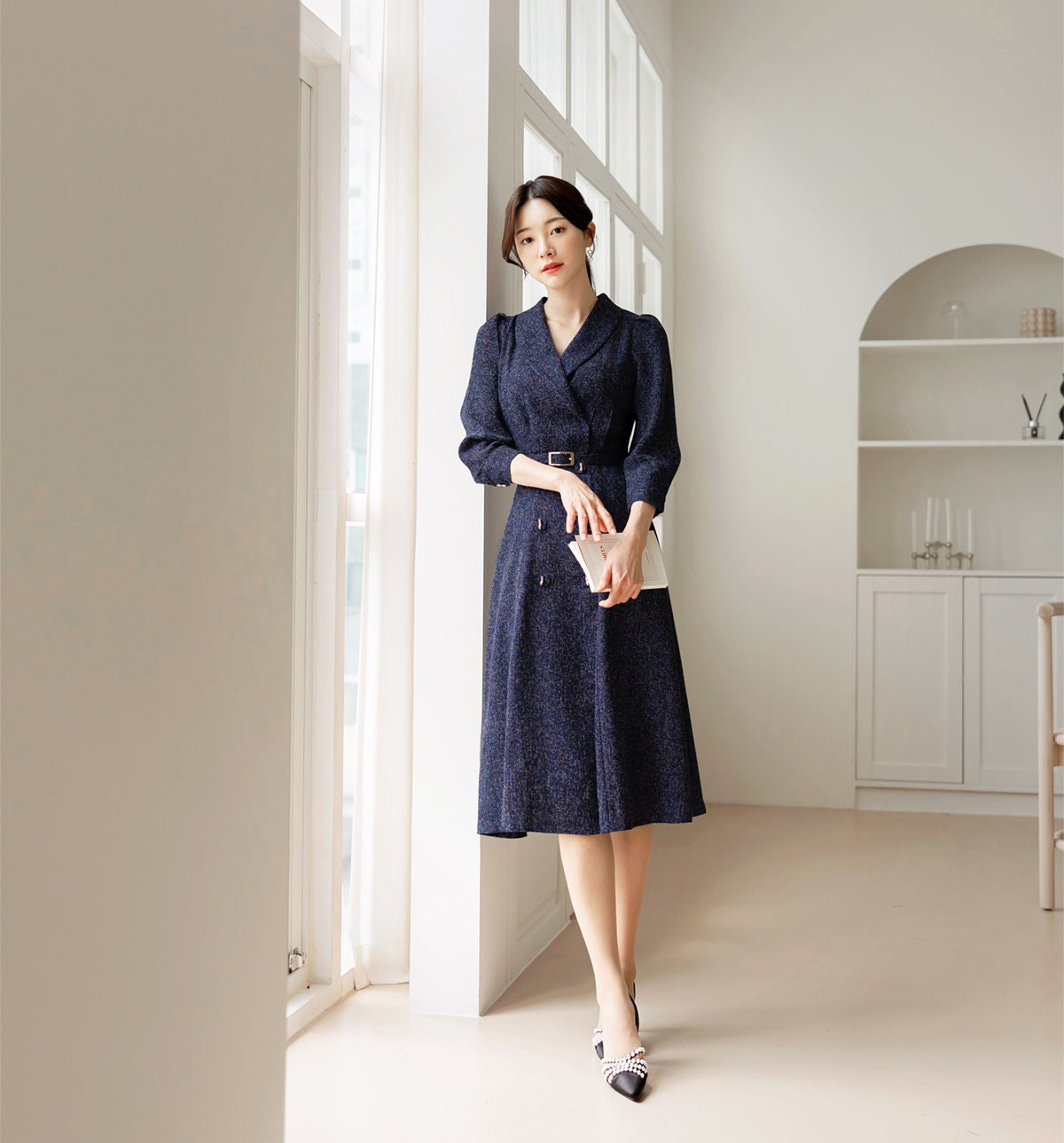 Elegant Feminine Tweed Dress With Belt Korean Style Navy Midi