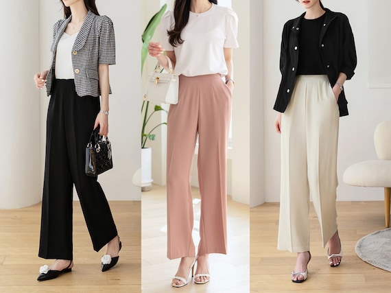 Pantalones anchos elegantes y cómodos para mujeres / Pantalones de cintura  elástica de mujer de estilo coreano / Pantalones escolares de oficina  casuales cómodos -  España