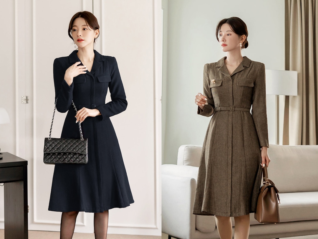 Elegant Classic Herringbone Pattern Dress With Belt / Korean Style