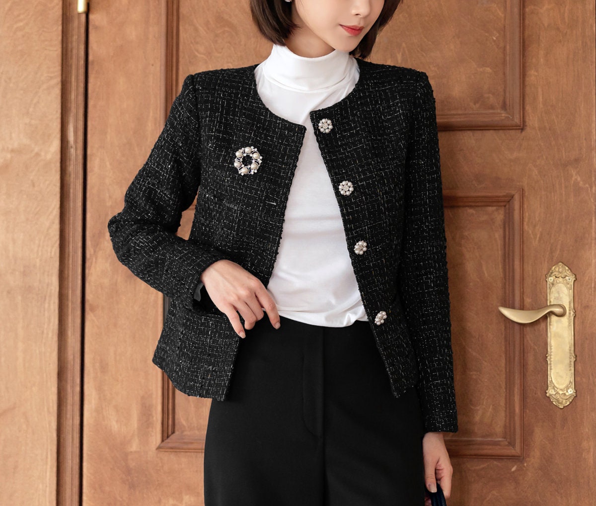 Elegant Female Sets Classic Fashion Tweed Jacket Coat and High