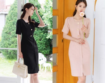 Elegant Feminine H-Line Square Neck Short Sleeve Dress / Korean Style Mini Dress for Women / Classic Style Elegant Dress for Summer