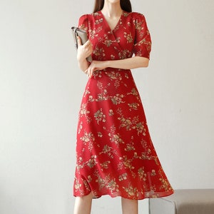 Floral Pattern Spring Summer Midi Dress / Korean Style Women Dress / Short Sleeve Dress / Feminin Elegant Dress