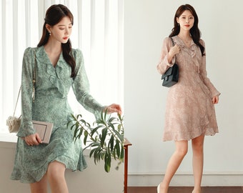 Ruffle Chiffon Long Sleeve Mini Dress / Korean Style Women Dress / V-neck Mini Dress / Bridesmaid Dress
