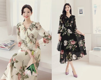 Spring Summer Floral V Neck Long Sleeve Long Chiffon Dress / Korean Style Women Midi Dress
