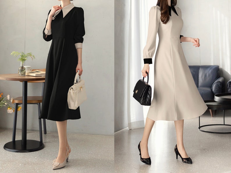 Elegant Collared Flare Dress / Korean Style Midi Dress with Long Sleeve / Luxury wear Elegant Dress shops