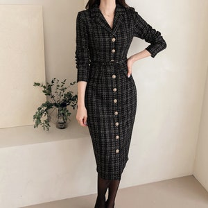 Elegant Tweed Dress with Belt / Korean Style Classic Midi Dress / Luxury wear Elegant Dress in Black image 3