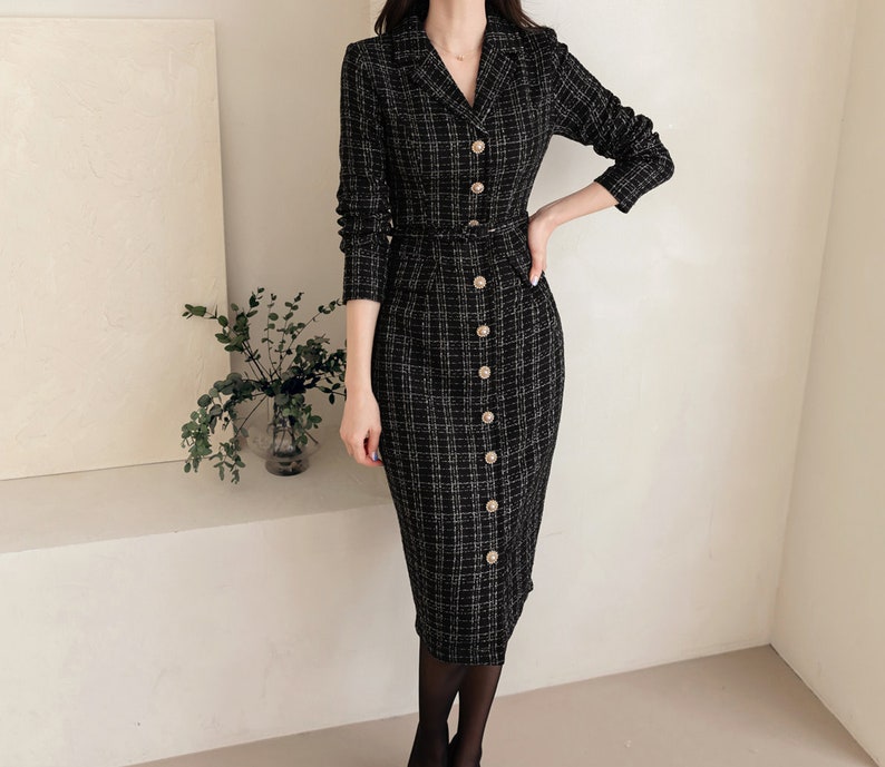 Elegant Tweed Dress with Belt / Korean Style Classic Midi Dress / Luxury wear Elegant Dress in Black image 3