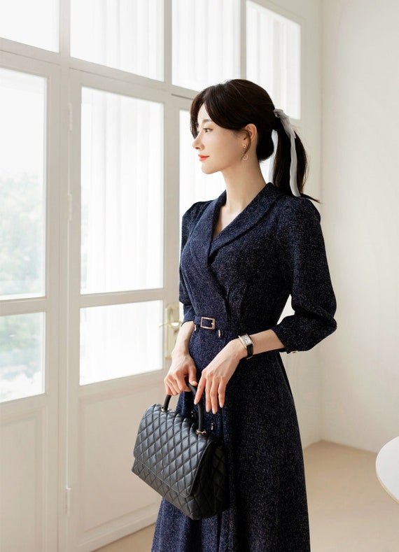 Elegant Feminine Tweed Dress With Belt / Korean Style Navy Midi Dress  Jacket / Luxury Wear Elegant Dress for Spring, Fall 