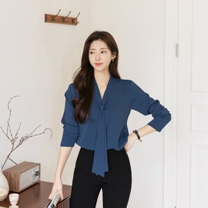 Modern Chic Long Sleeve Tie Neck Blouse / Korean Style Luxury Feminine Women Clothes / Stylish Office Look Top / Everyday Soft Blouse image 3