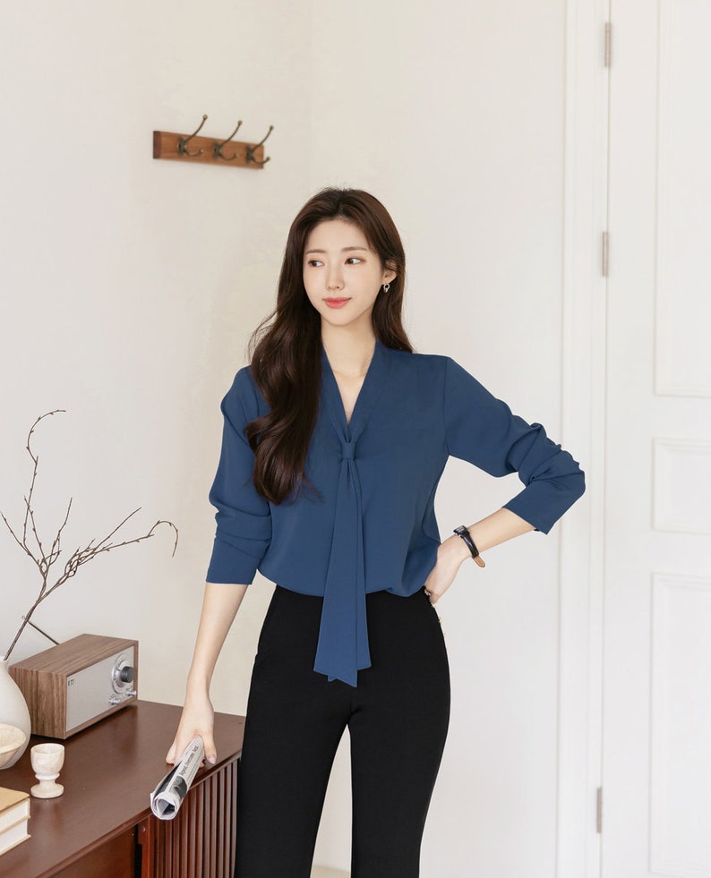 Modern Chic Long Sleeve Tie Neck Blouse / Korean Style Luxury Feminine Women Clothes / Stylish Office Look Top / Everyday Soft Blouse image 3