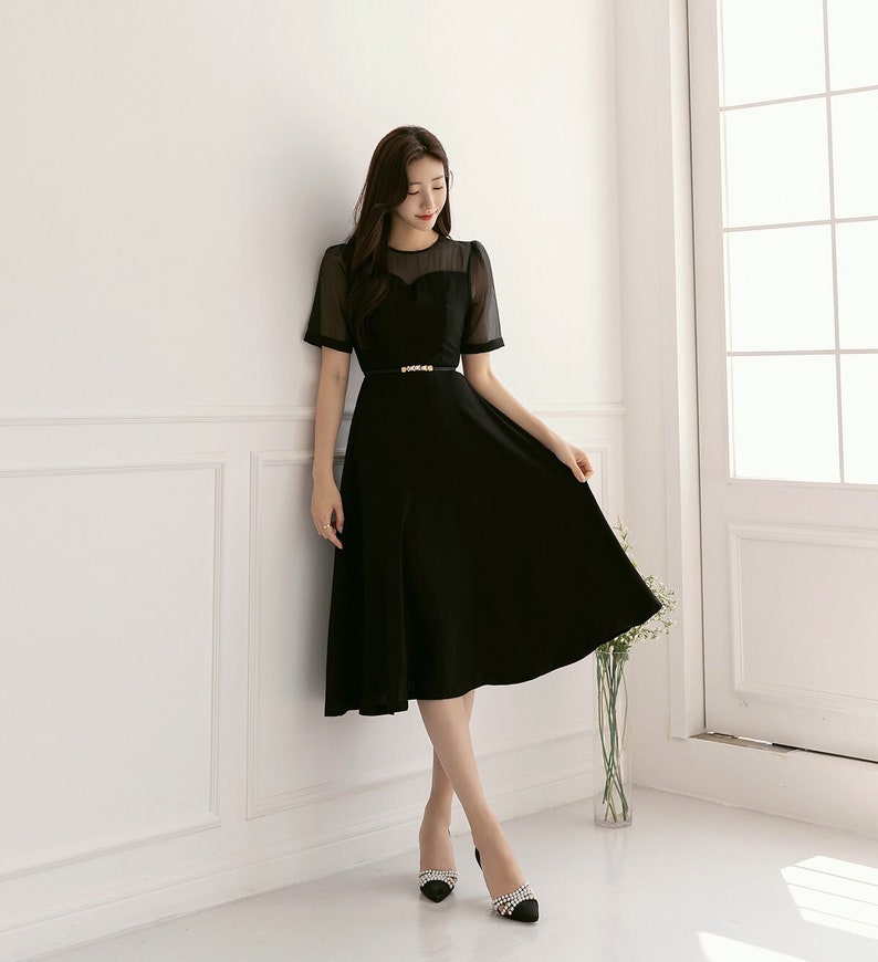 See-Through Sleeve Simple Feminine Black Dress / Korean Style Women Flare Dress / Elegant Black Dress / Summer Midi Dress image 1