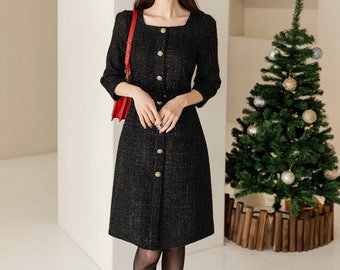 Elegant Tweed Dress / Korean Style Square Neck Black Mini Dress with Belt / Luxury wear Elegant Dress