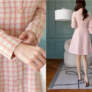 Elegant Feminin Single Button Tweed Mini Dress / Korean Style Pink Mini Dress / Modern Chic Jacket Dress for Fall Winter image 5