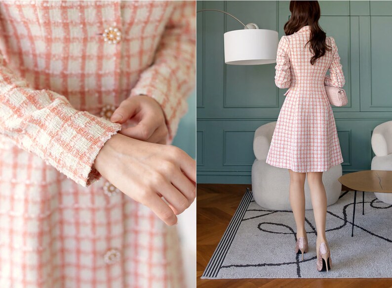 Elegant Feminin Single Button Tweed Mini Dress / Korean Style Pink Mini Dress / Modern Chic Jacket Dress for Fall Winter image 5