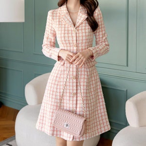 Elegant Feminin Single Button Tweed Mini Dress / Korean Style Pink Mini Dress / Modern Chic Jacket Dress for Fall Winter image 6