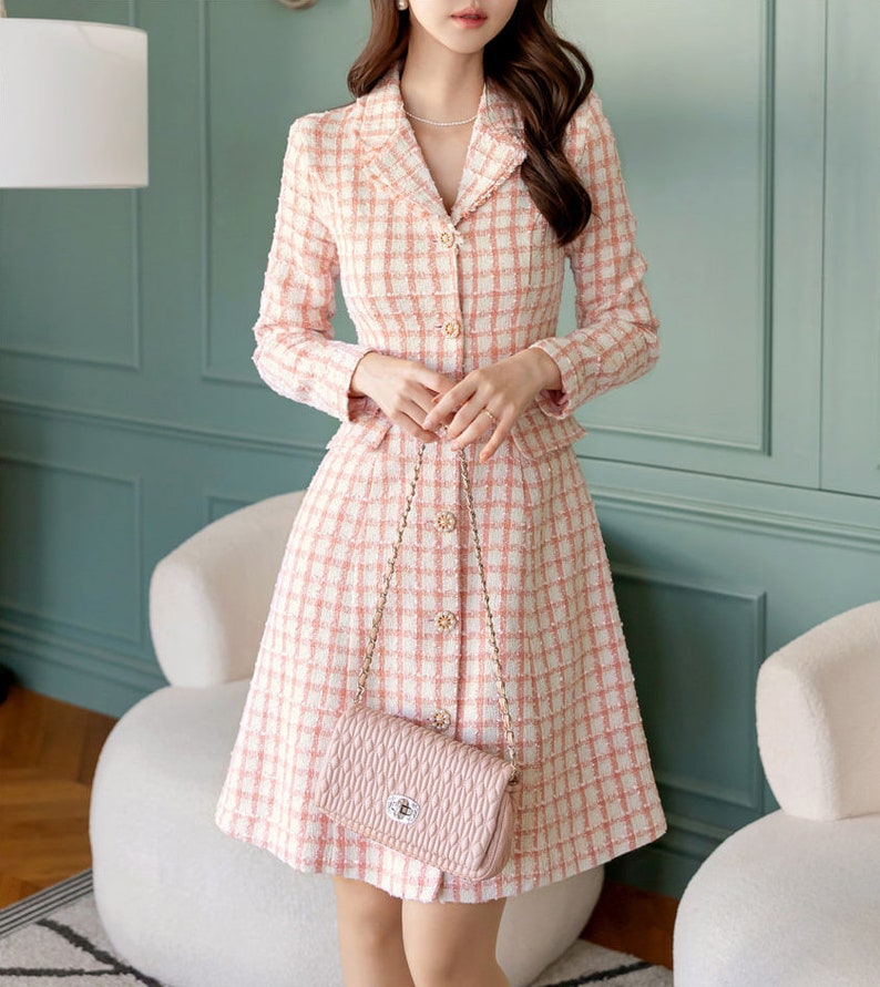 Elegant Feminin Single Button Tweed Mini Dress / Korean Style Pink Mini Dress / Modern Chic Jacket Dress for Fall Winter image 6