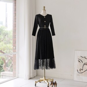 Elegant Feminin 3/4 Sleeve Dress with Belt / Korean Style Blouse and Lace Skirt for One-piece Dress / Modern Chic Long Dress image 5