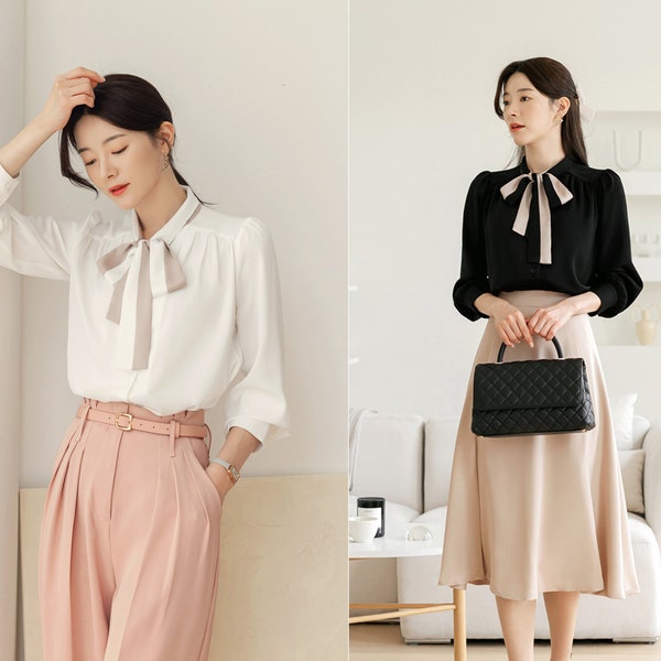 Modern Chic Style Tie Blouse / Korean Style Tie Neck Blouse Top / Office Look Top / Everyday Soft Blouse