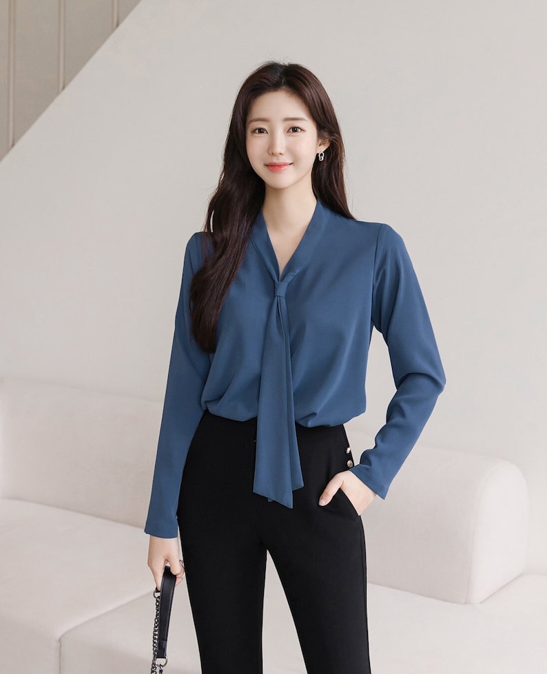 Modern Chic Long Sleeve Tie Neck Blouse / Korean Style Luxury Feminine Women Clothes / Stylish Office Look Top / Everyday Soft Blouse image 1