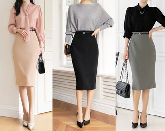 Korean Style Slim Skirt with Belt / Elegant Feminin Office Look Skirt / Basic Skirt