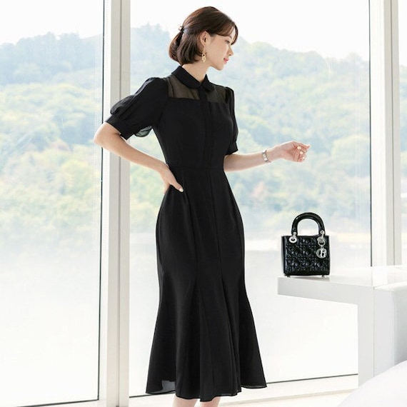 Buy See-through Puff Sleeve Simple Black Dress / Korean Style Women Dress /  Elegant Black Dress / Simple Semi Mermaid Silhouette Midi Dress Online in  India 