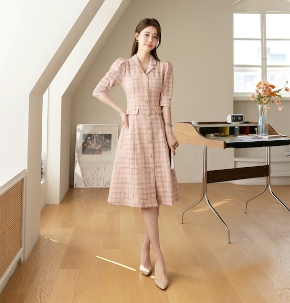 Elegant Feminine Tweed Dress / Korean Style Pink Mini Dress