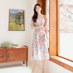 Floral Pattern Spring Summer Square Neck Midi Dress / Korean Style Women Long Dress / Half Sleeve Dress / Feminin Elegant Dress image 3