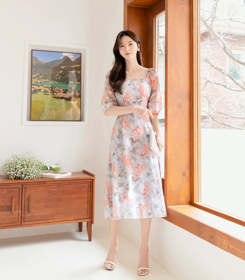 Floral Pattern Spring Summer Square Neck Midi Dress / Korean Style Women Long Dress / Half Sleeve Dress / Feminin Elegant Dress image 3