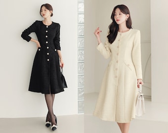 Elegant Feminin Single Button Tweed Dress / Korean Style A-Line Dress / Modern Chic Midi Dress / Jacket Dress