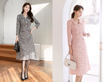 Classic Elegant Tweed Dress with Jewel Button / Korean Style Feminine Midi Dress / Luxury wear Elegant Party Dress