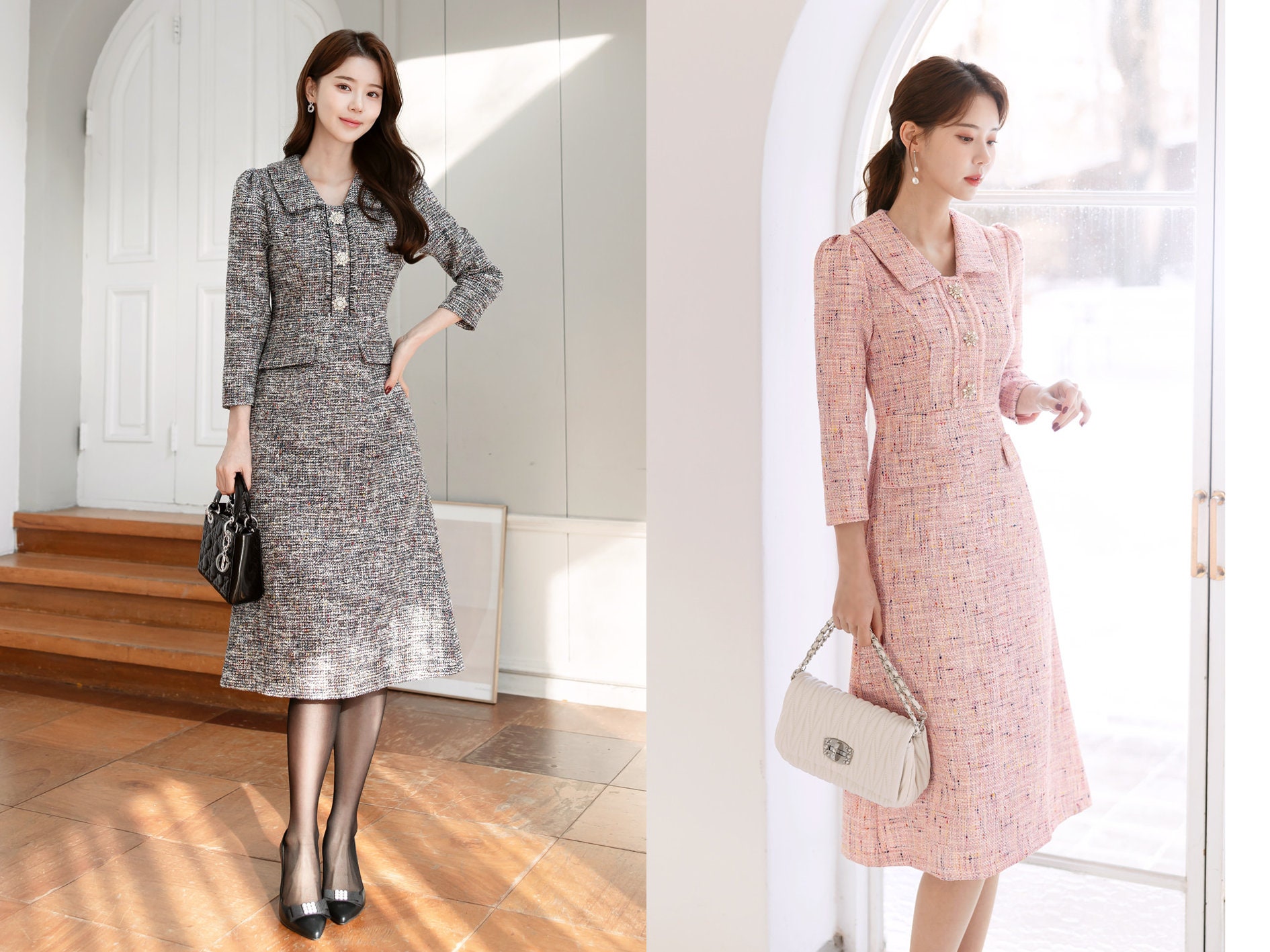 Classic Elegant Tweed Dress With Jewel Button / Korean Style Feminine Midi  Dress / Luxury Wear Elegant Party Dress 