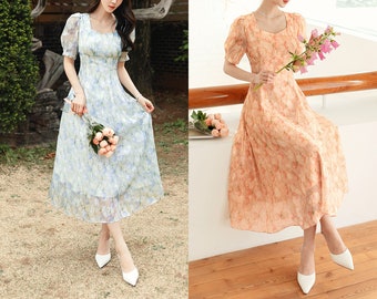 Floral Chiffon Midi Long Dress / Korean Style Short Sleeve Women Dress / Puff Sleeve Spring Summer Dress / Bridesmaid Dress