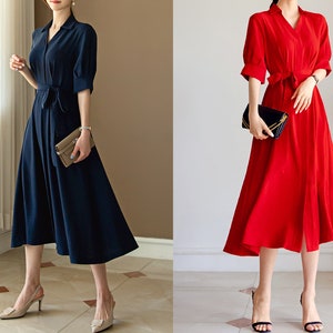 Korean Style Pintuck Midi Dress / Hidden Button Belted Shirt Dress / V-neck Spring Summer Long Dress / Elegant Feminin Dress / Plus Size