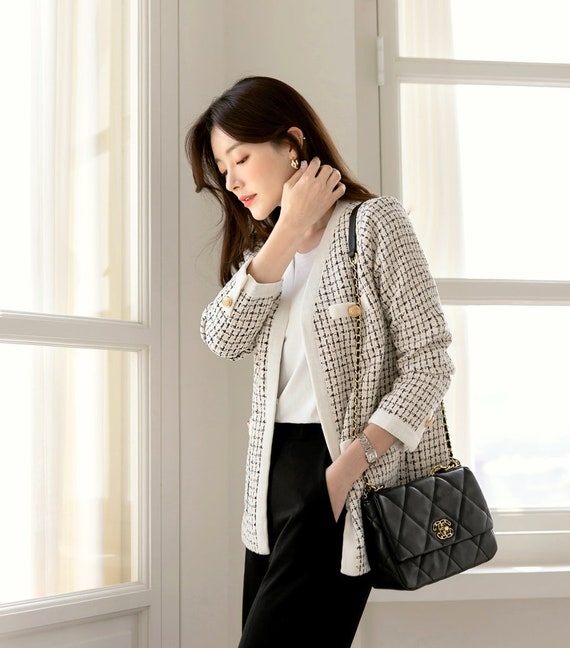 Elegant Plaid Tweed Plus Size Jacket For Women Korean Fashion O