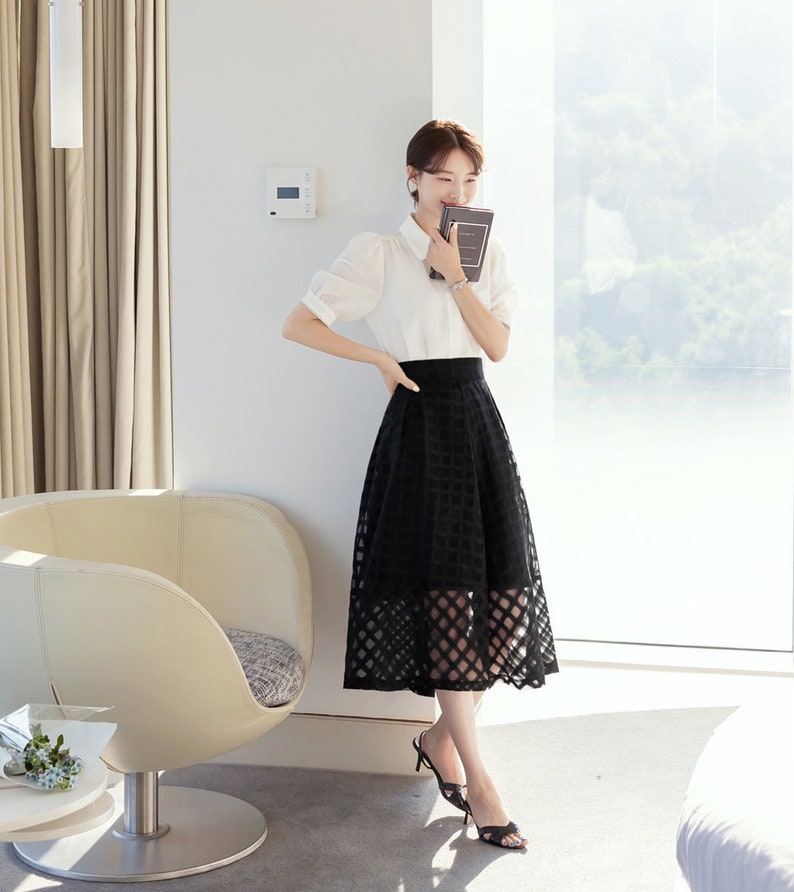 Elegant Feminine See-Through Flare Skirt / Korean Style Party Dress Skirt / Daily Dressy Midi Skirt image 10