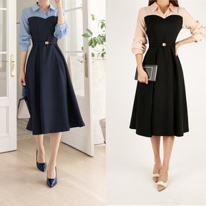 Feminine Elegant Flare Dress for Spring / Fall, Korean Style Midi Dress with Long Sleeve / Elegant Dress with waist strap