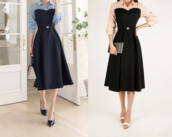 Feminine Elegant Flare Dress for Spring / Fall, Korean Style Midi Dress with Long Sleeve / Elegant Dress with waist strap